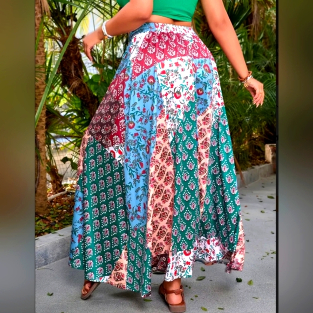 Patchwork Maxi Skirt Boho Print Red Green Blue - Picture 4 of 6